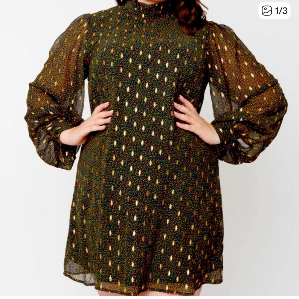 Smak Parlor Girl Talk Emerald Leopard Print & Gold Accent Dress Size Small